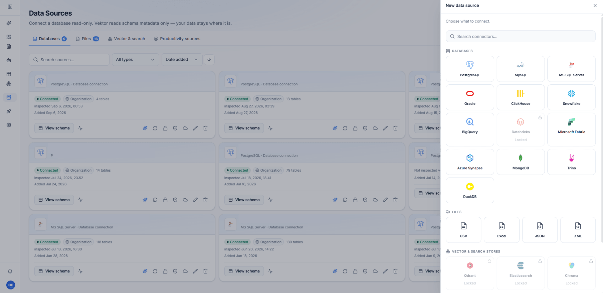 The data sources page with the connector panel open, listing database, file and vector engines.