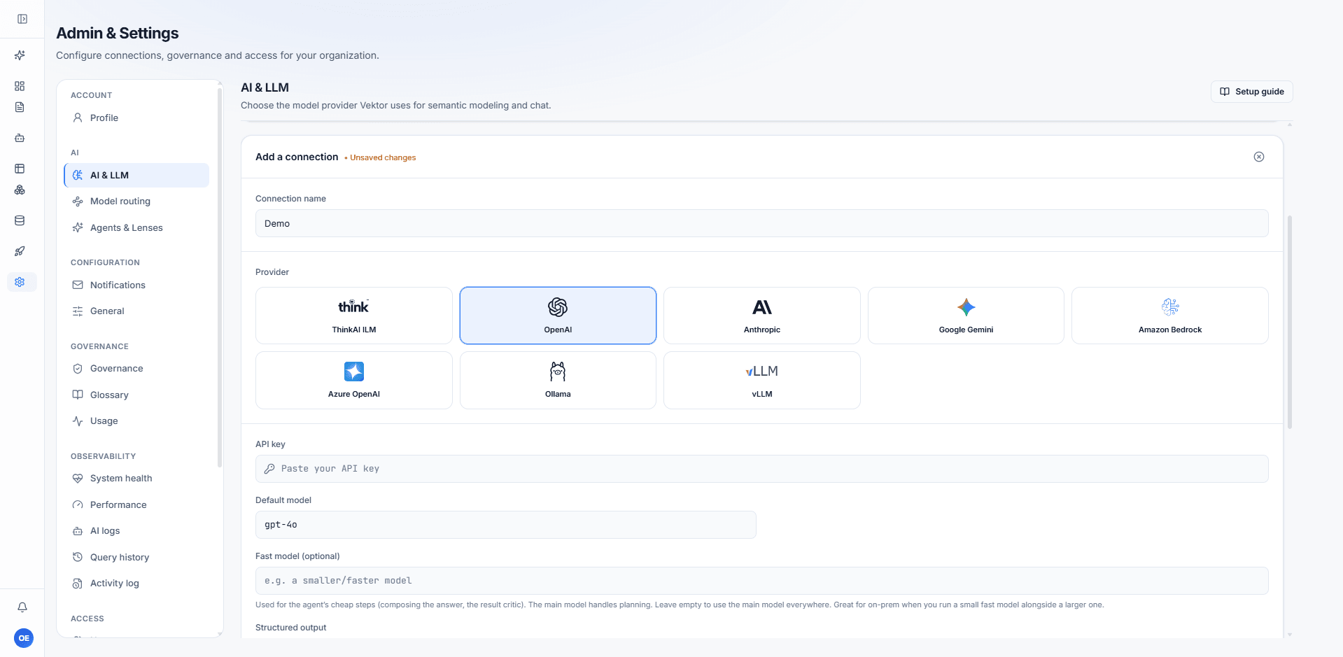 The AI and LLM settings page showing eight model providers, including Ollama and vLLM.